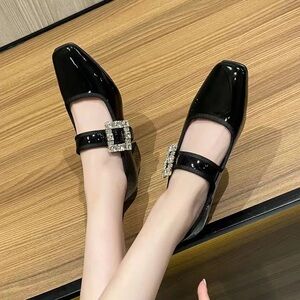 MIRAAZZURRA Patent Square Toe Rhienstone Buckle Mary Janes